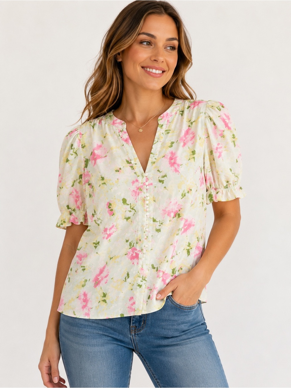 Milk & Honey Floral Puff Sleeve Blouse – Women’s Size L